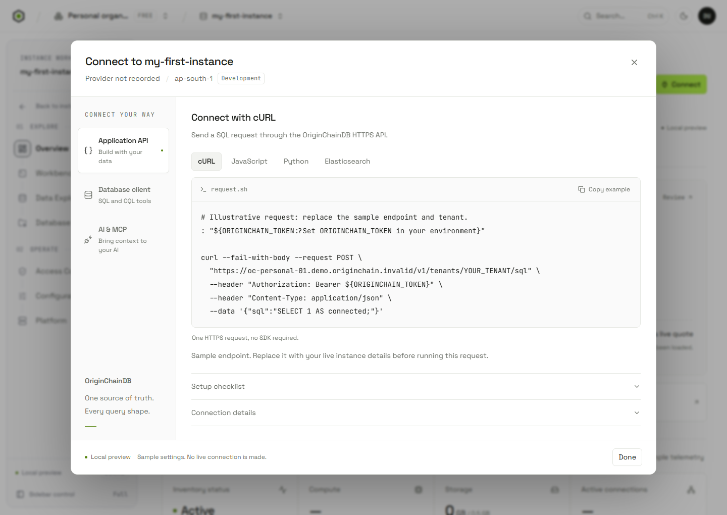 Connection guide open over the current instance overview, with the application header and sidebar visible.