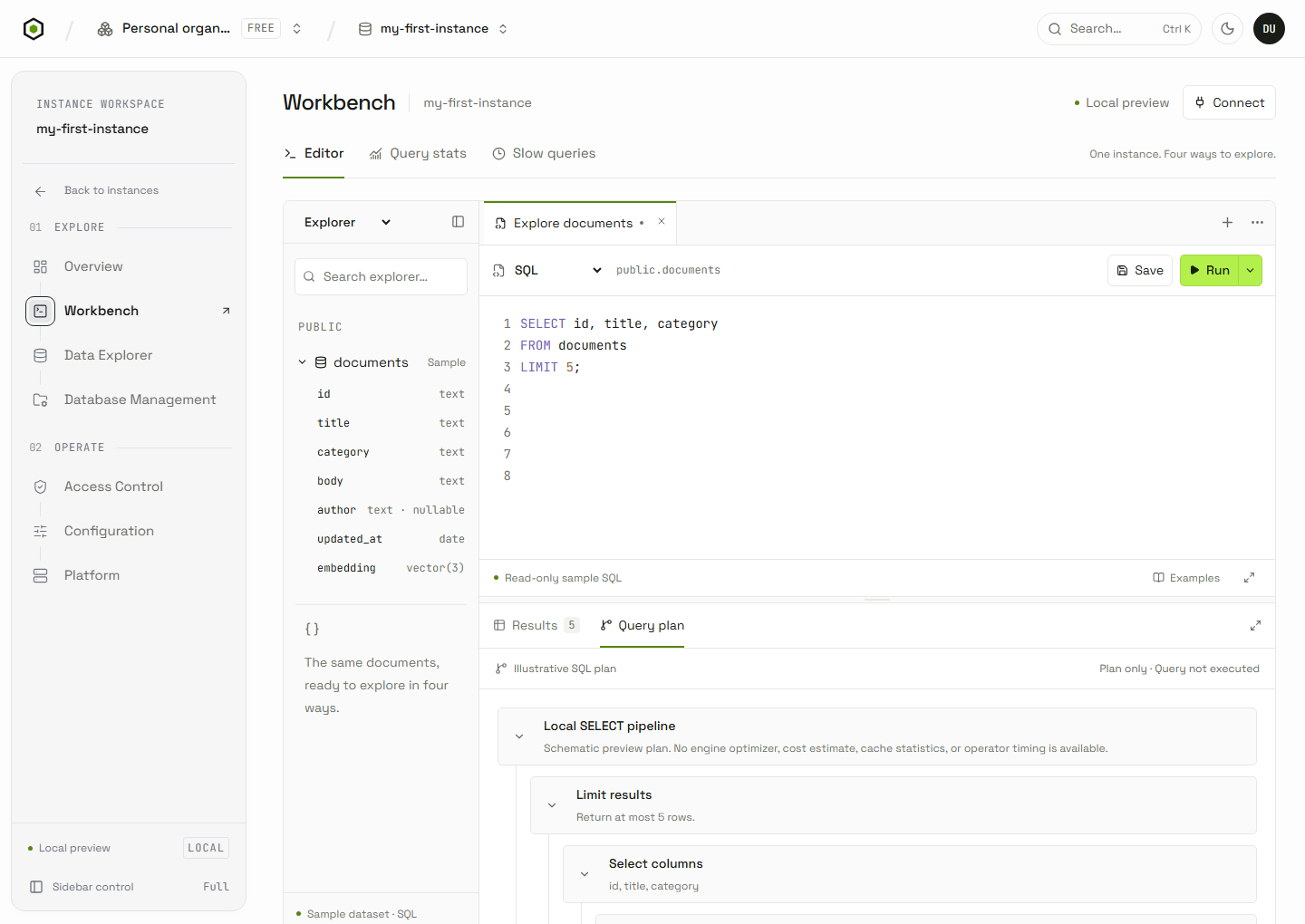 Current Workbench showing the Query plan result tab for a sample SQL query, with the full application shell.