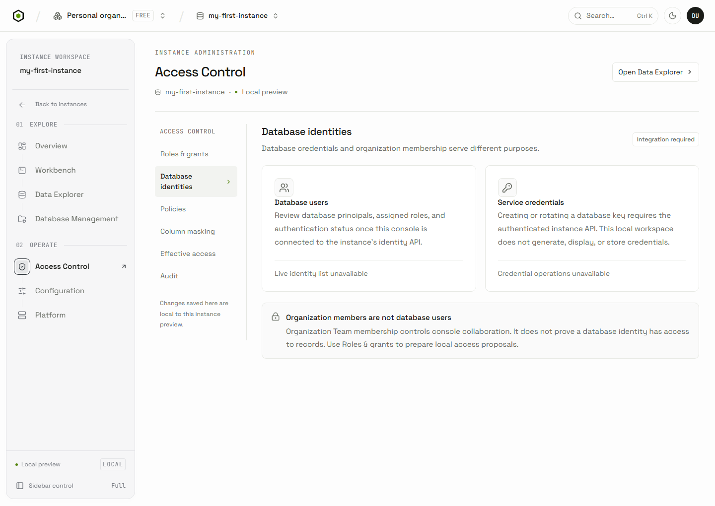 Current Access Control Database identities page showing that live identity and credential operations require integration.