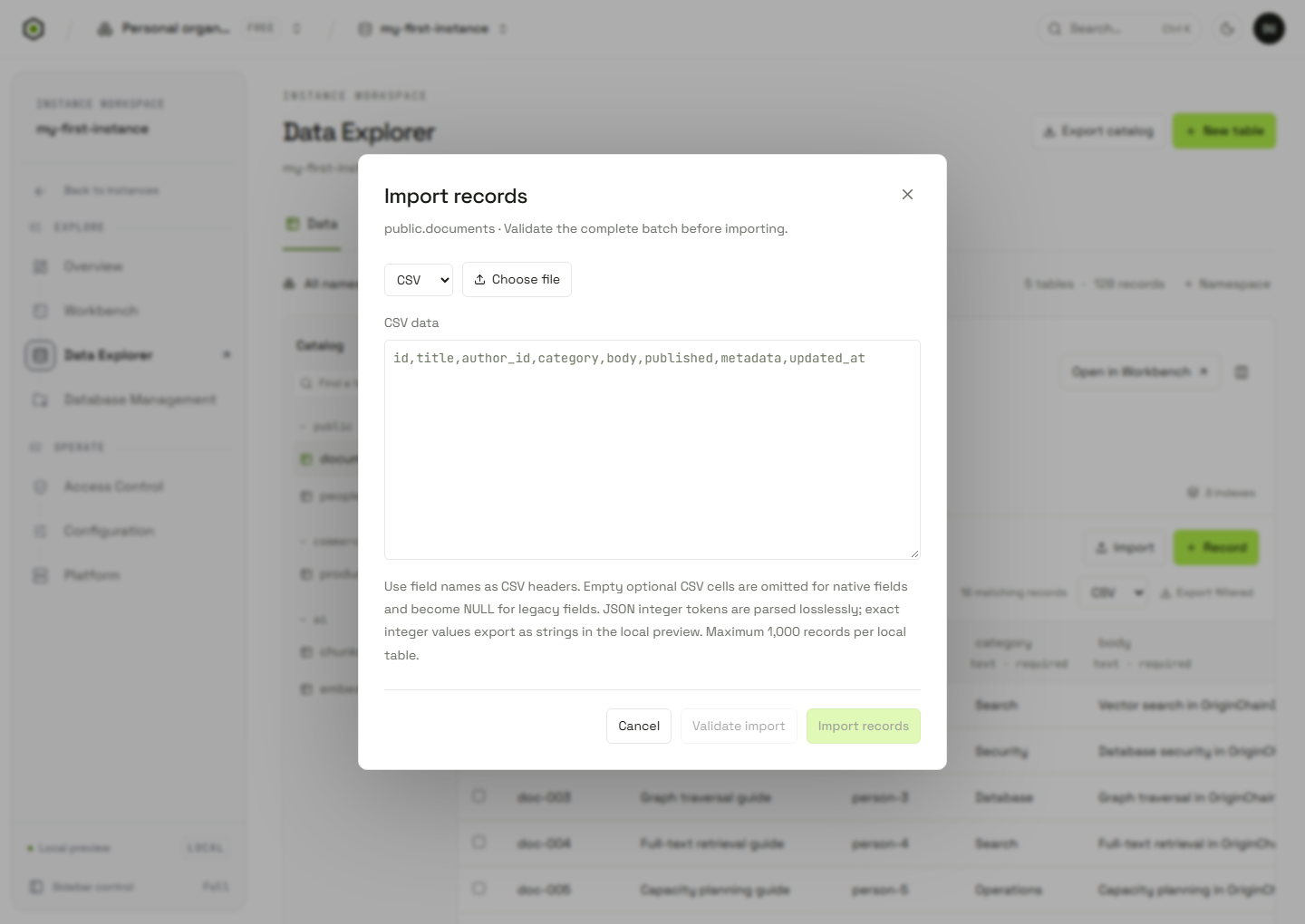 Import dialog over the current Data Explorer, with CSV and JSON options and local preview context.