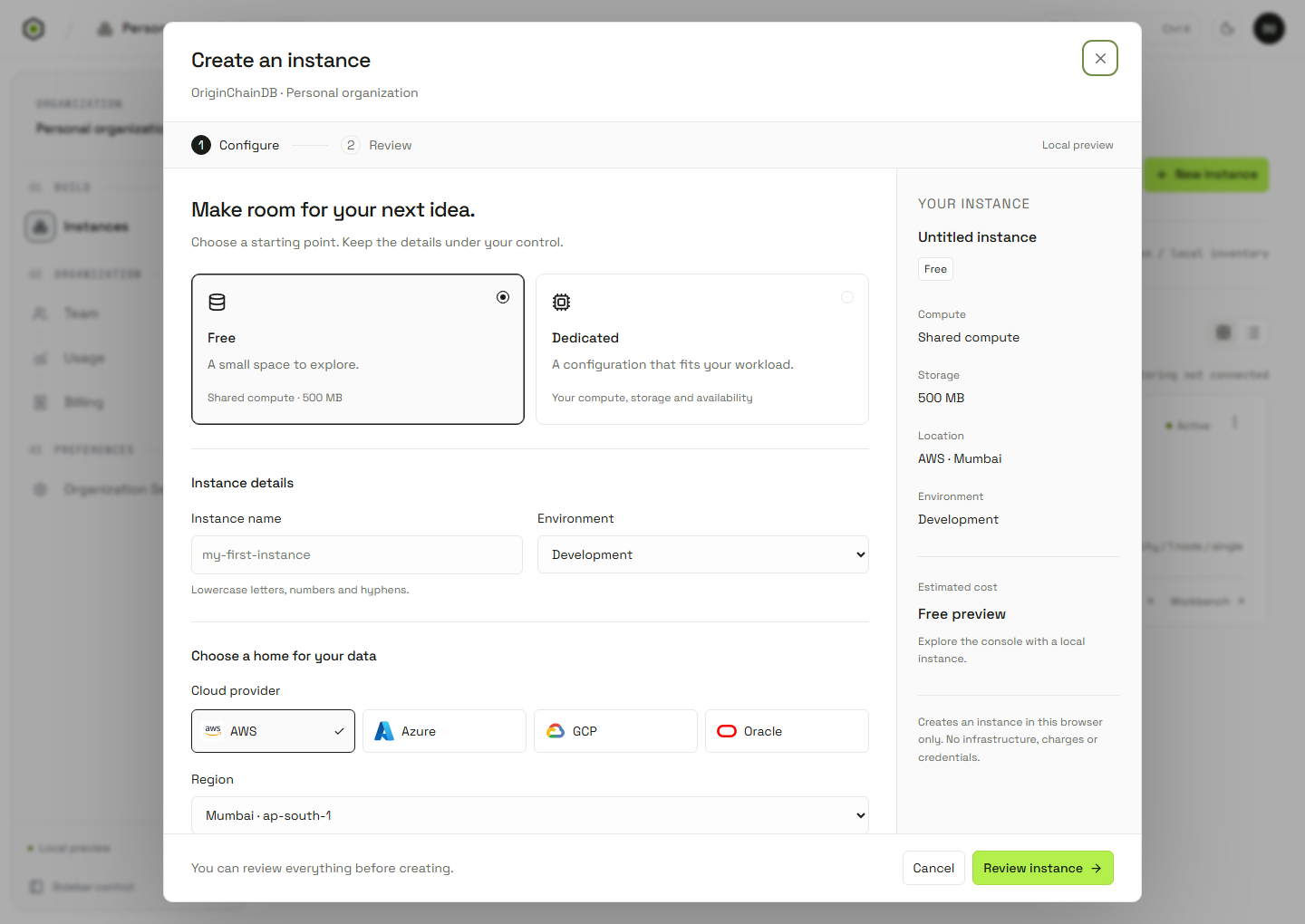 Current instance creation page showing the configuration step and local preview context before review.