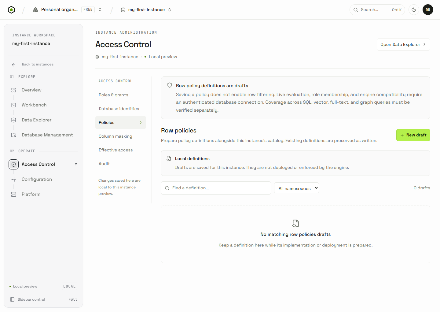 Current Access Control Row policies page with a clear notice that definitions are drafts and do not enable row filtering.