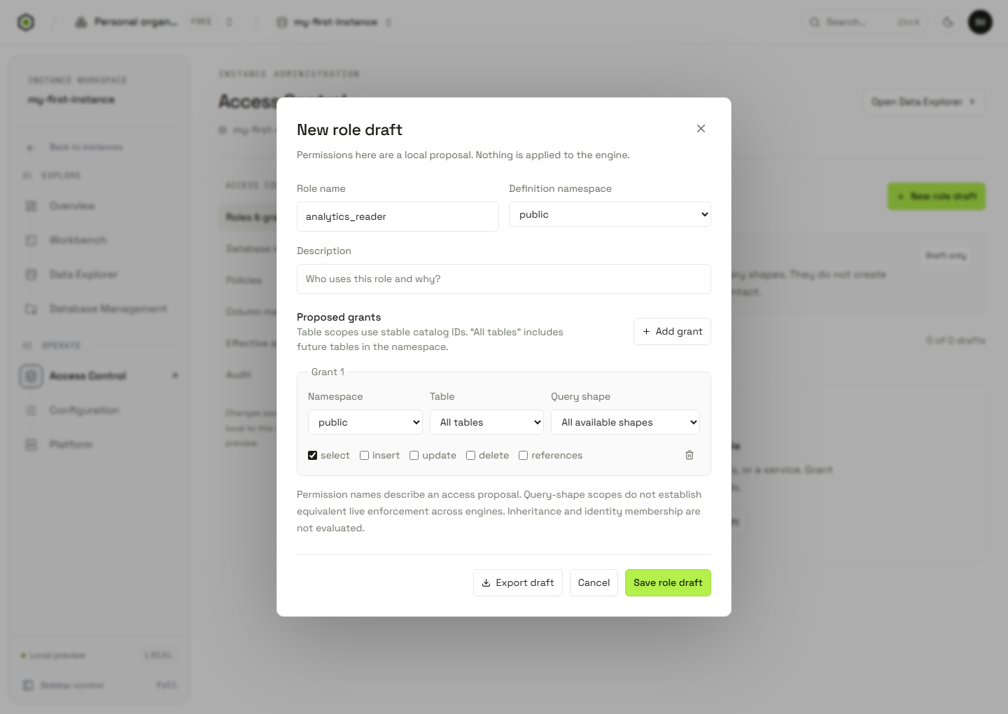 New role draft dialog showing a proposed namespace, table, query shape, and permission grant over the current Access Control page.