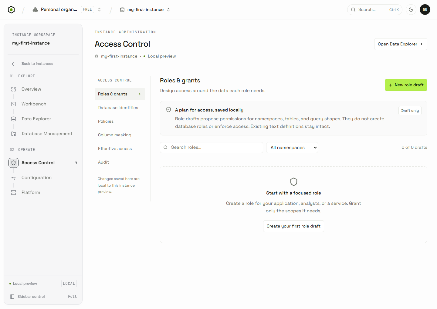 Current Access Control Roles and grants page showing local role drafts and the full instance sidebar.