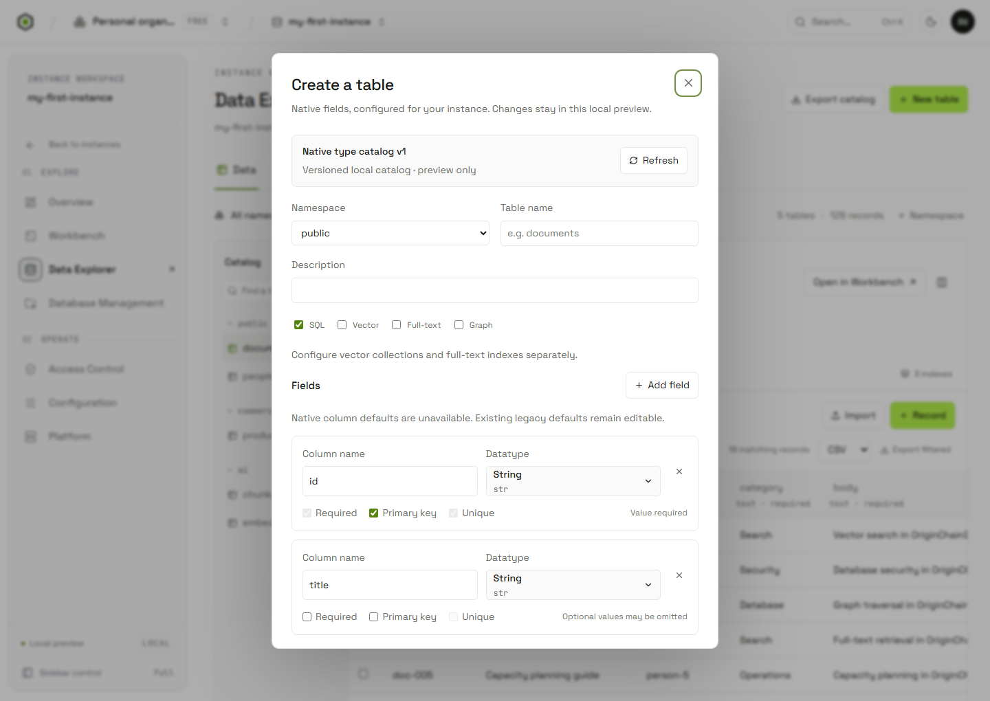 New table dialog over the current Data Explorer, with the application header and sidebar visible behind it.