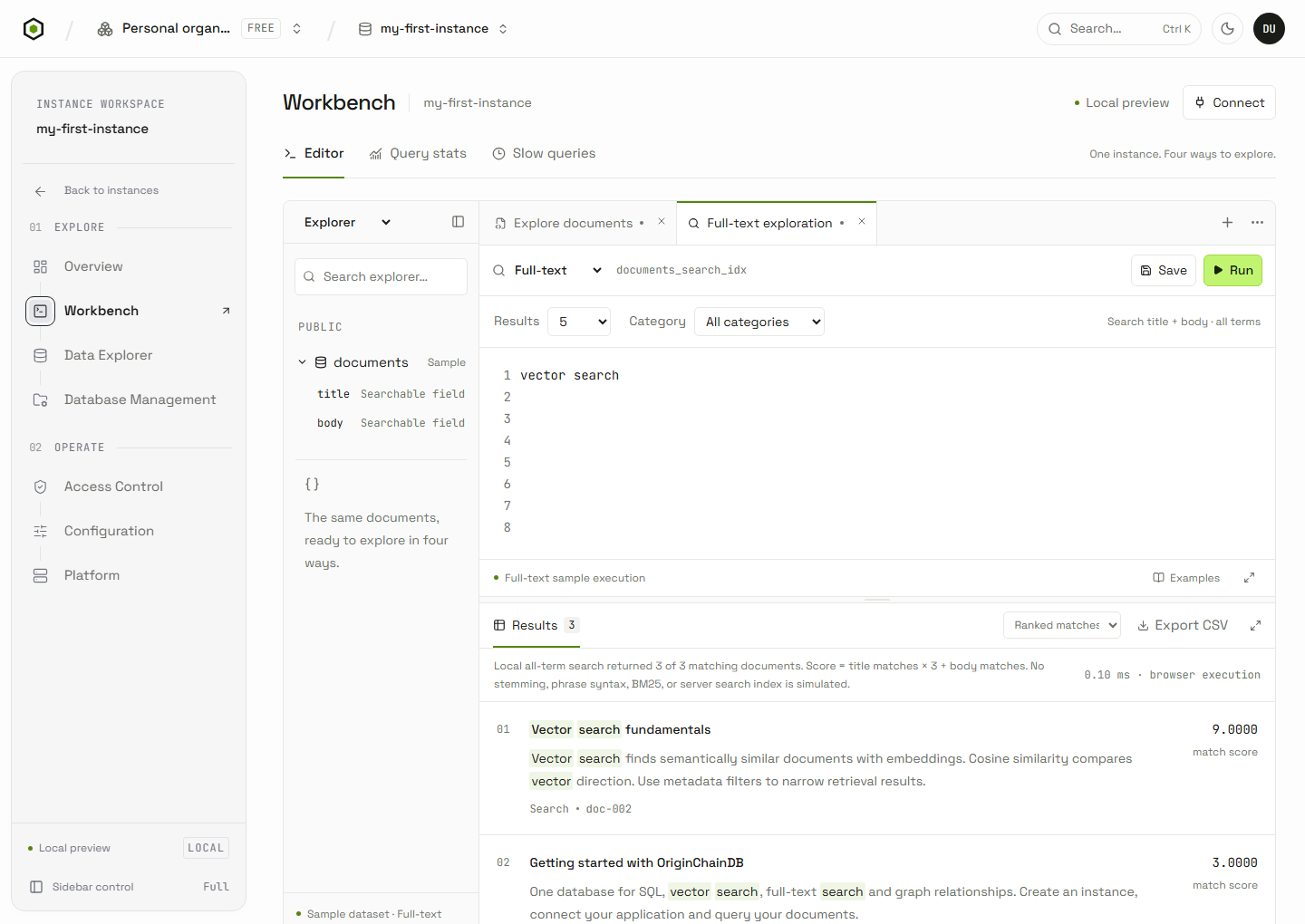 Current console Workbench in Full-text mode with the sidebar, query input, and highlighted sample search matches visible.