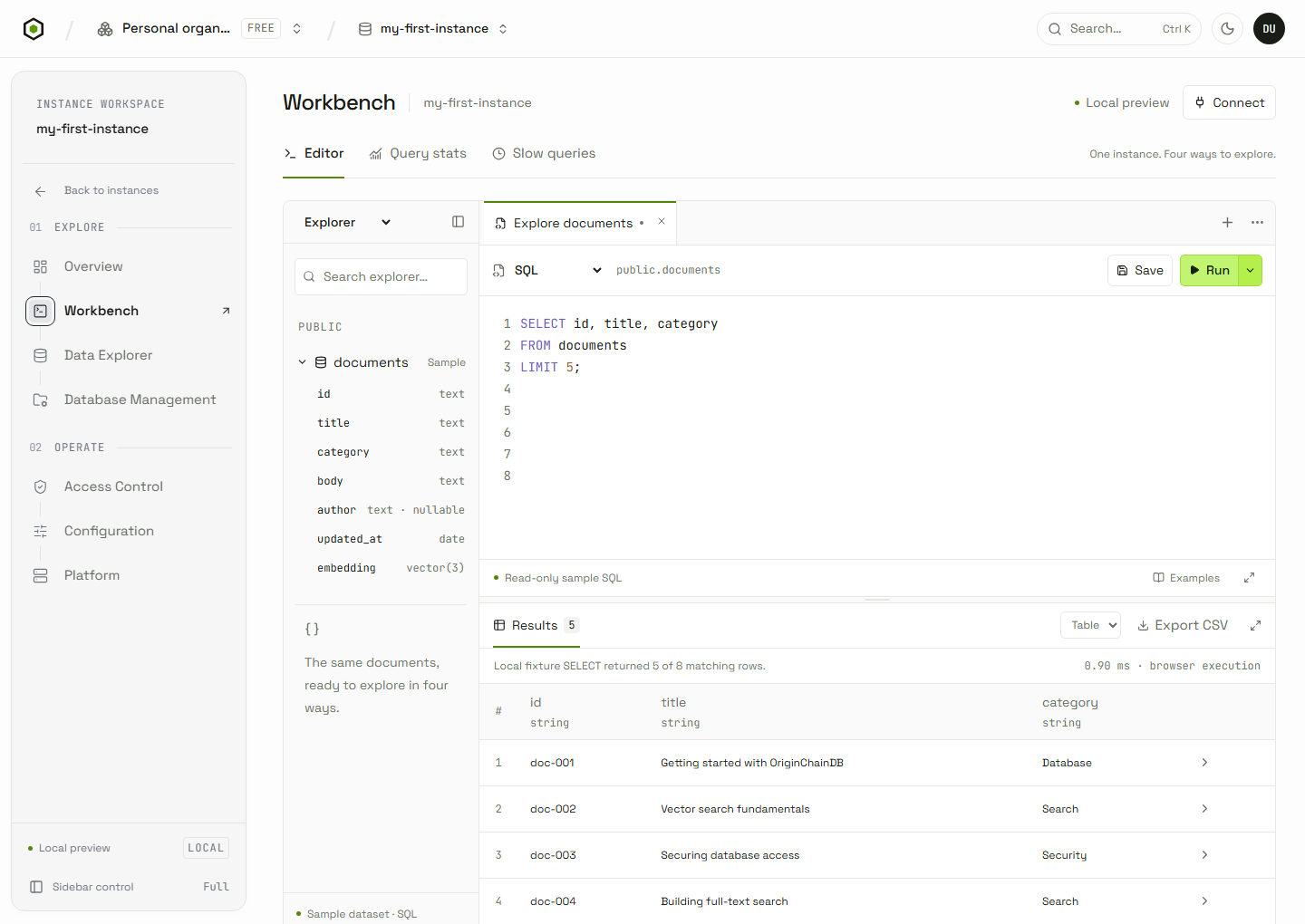 Current OriginChainDB console with Workbench selected in the sidebar, the SQL editor, and local sample query results.