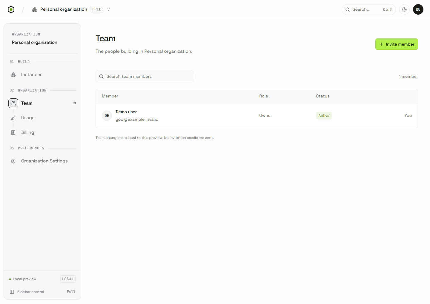 Current organization Team page with member roles and the notice that preview changes do not send invitation emails.