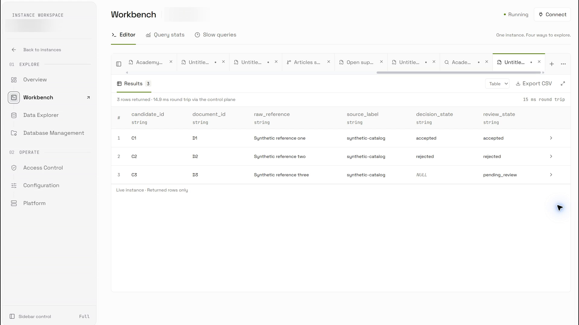 Actual light-mode OriginChainDB console returned result. The actual result returns accepted, rejected and pending_review with source evidence intact.