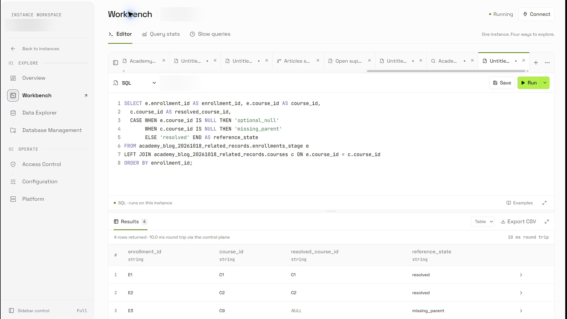 Actual light-mode OriginChainDB console. The successful report checks staged course references while preserving unmatched and null cases.