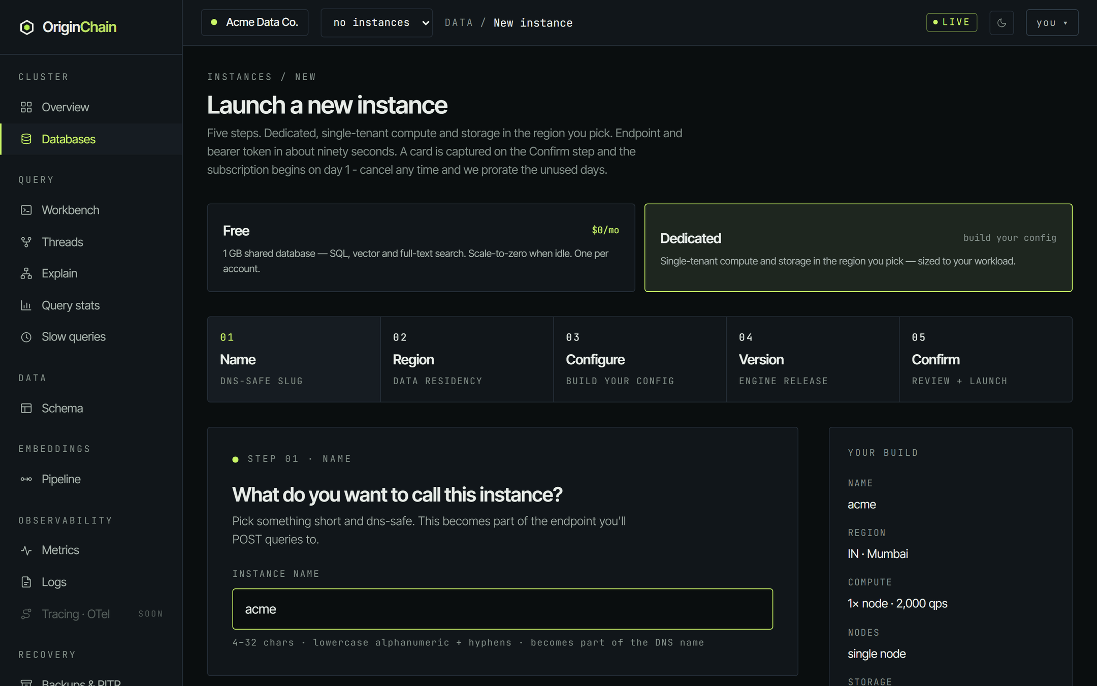 Step 01 of the launch wizard, headed 'What do you want to call this instance?', with an instance name field containing acme and a hint reading 4-32 chars, lowercase alphanumeric plus hyphens, becomes part of the DNS name.