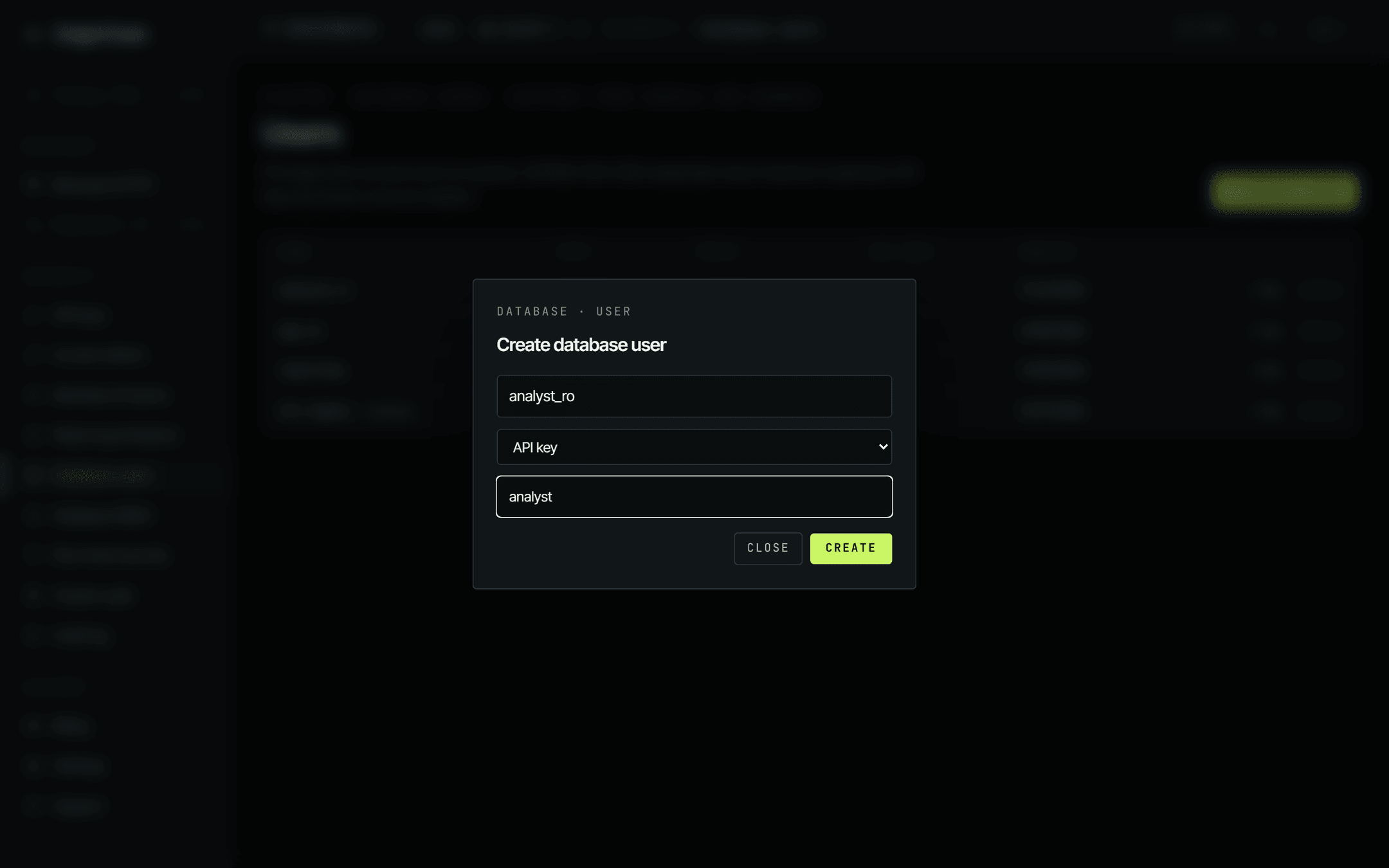 The Create database user dialog with the username field set to analyst_ro, the auth dropdown set to API key, and the roles field set to analyst. Close and Create buttons sit at the bottom.