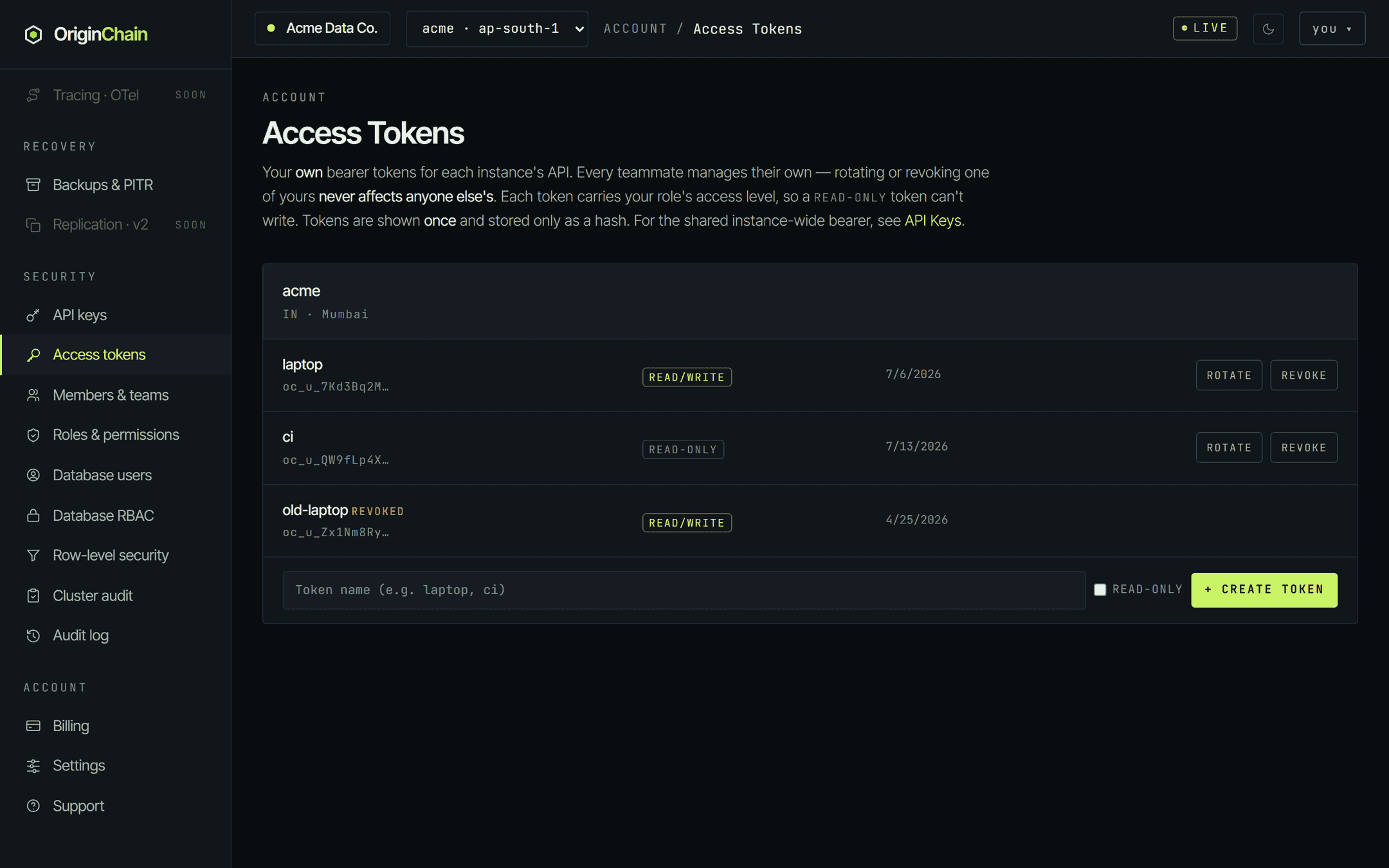 The Access tokens page showing one card for the acme database with three personal tokens: laptop marked read/write, ci marked read-only, and a revoked old-laptop token. Each active row has Rotate and Revoke buttons. A create row at the bottom has a token name field, a read-only checkbox, and a Create token button.