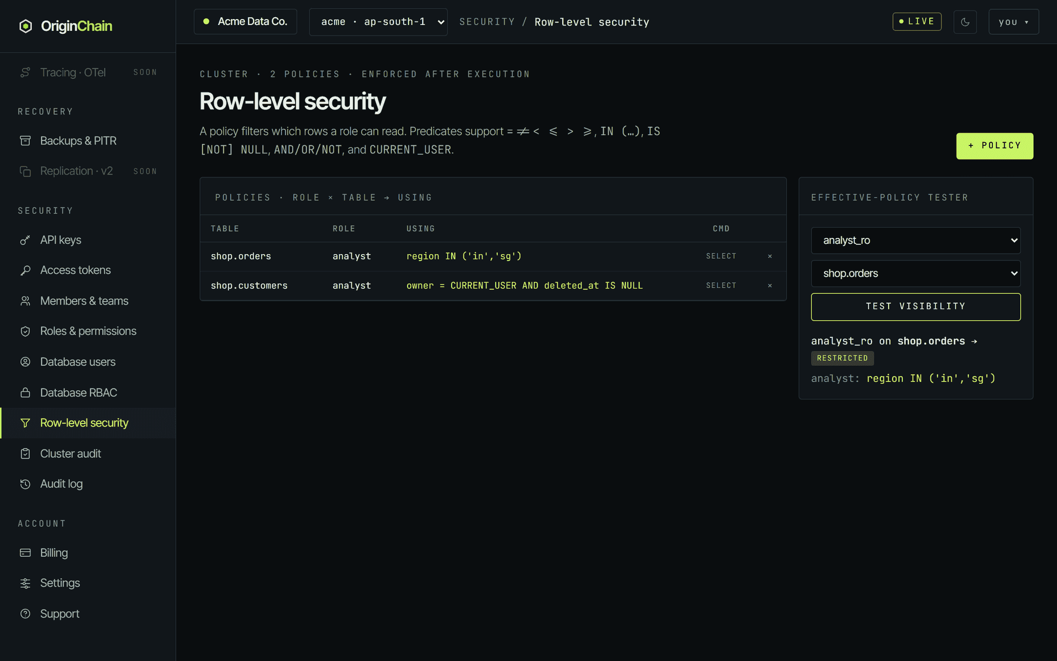 The Row-level security page listing two policies: shop.orders for the analyst role using region IN quote in quote comma quote sg quote, and shop.customers for the analyst role using owner equals CURRENT_USER AND deleted_at IS NULL, both for the SELECT command. The effective-policy tester panel on the right has analyst_ro and shop.orders selected and reports a RESTRICTED verdict with the matching predicate underneath.