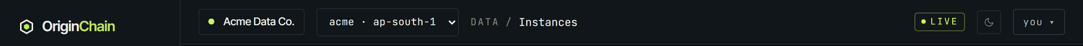 The console top bar: the OriginChainDB wordmark, an account pill reading Acme Data Co., an instance picker set to acme in its region, a Data / Instances breadcrumb, a green LIVE pill, a theme toggle, and a user menu.