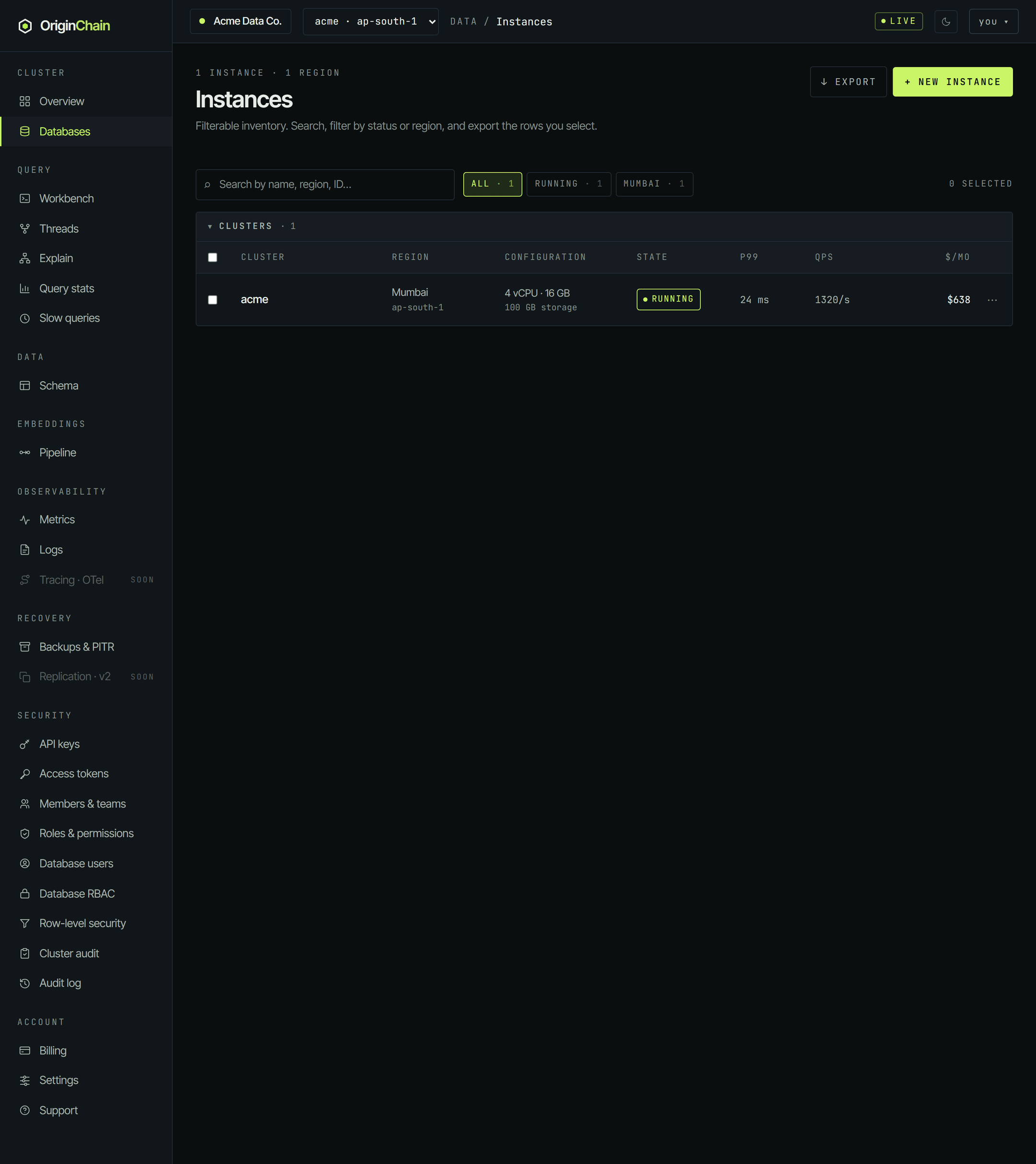 The full console sidebar next to the Instances page, showing the groups Cluster, Query, Data, Embeddings, Observability, Recovery, Security and Account with their entries, and the greyed-out Tracing and Replication entries marked SOON.