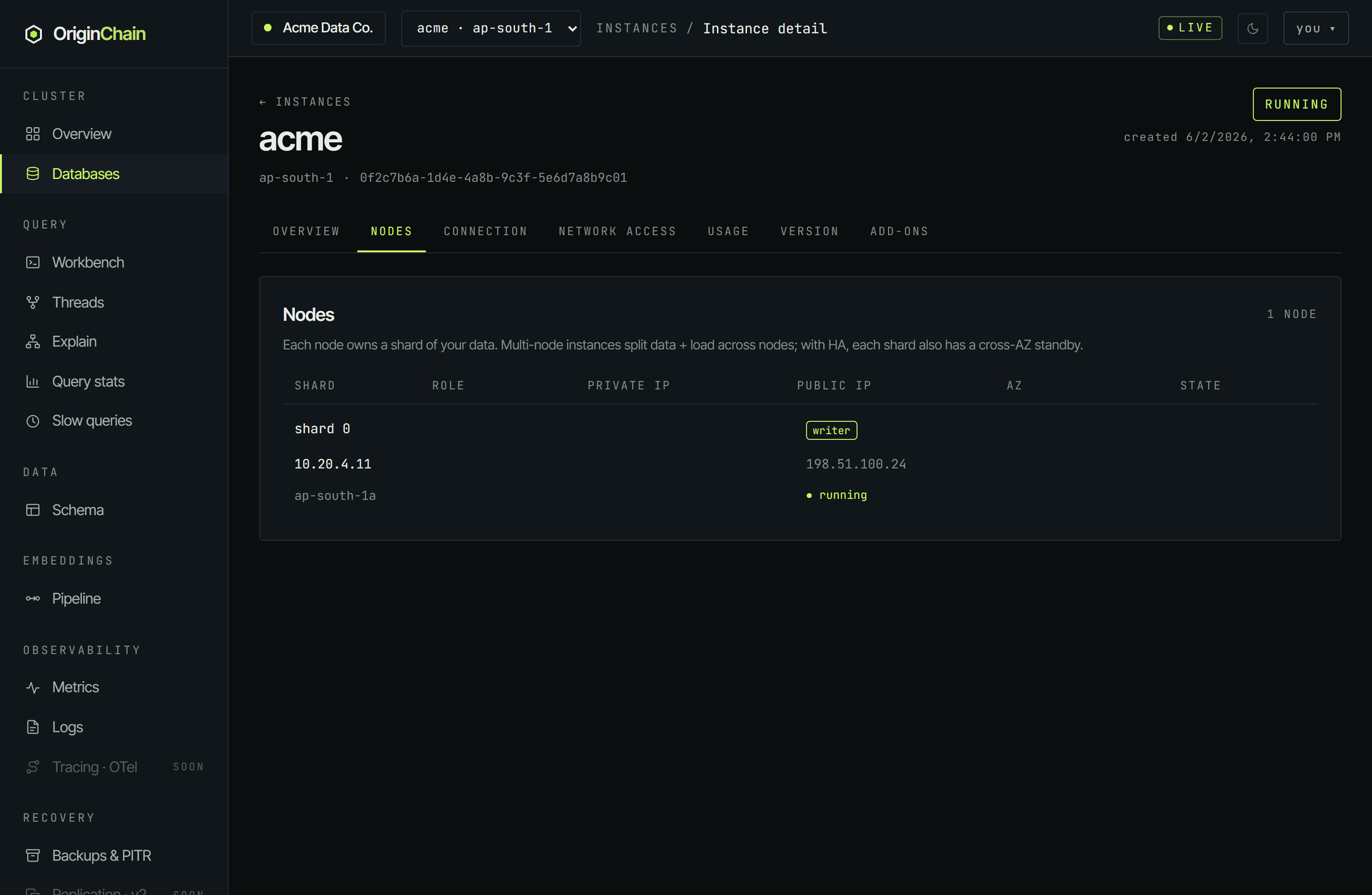 The Nodes tab showing a one-node count and a single entry for shard 0 with the writer role, a private address, a public address, an availability zone, and a running state.