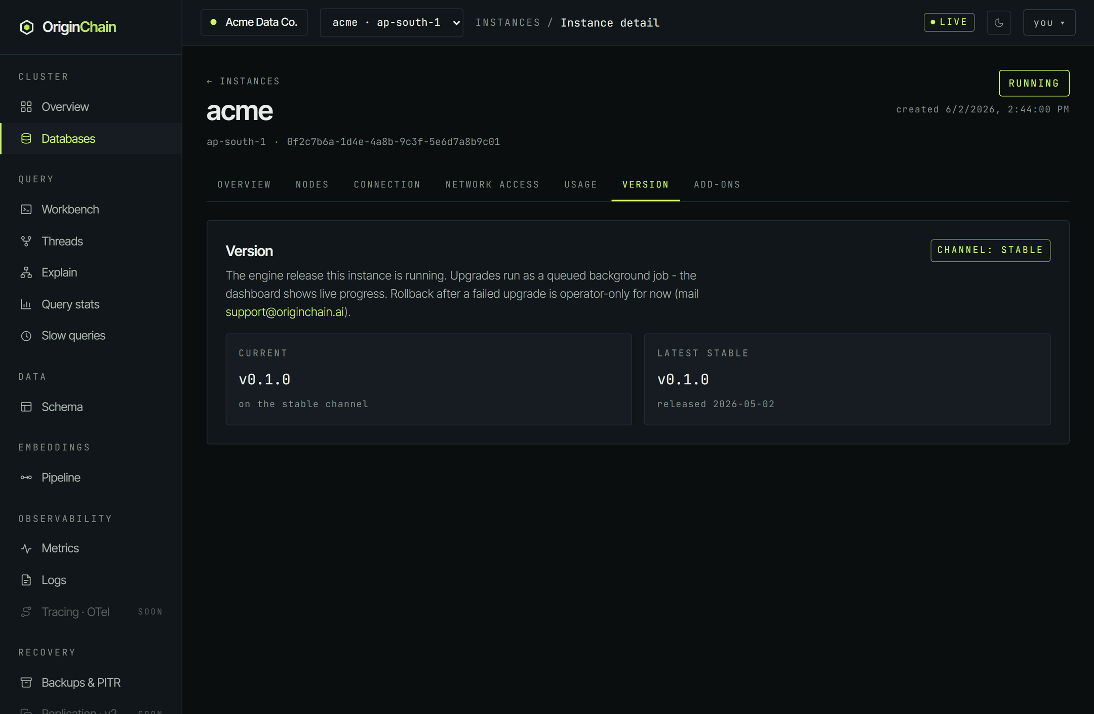 The Version tab showing a channel badge reading stable, a Current card with the running engine version, and a Latest stable card with the same version and its release date.