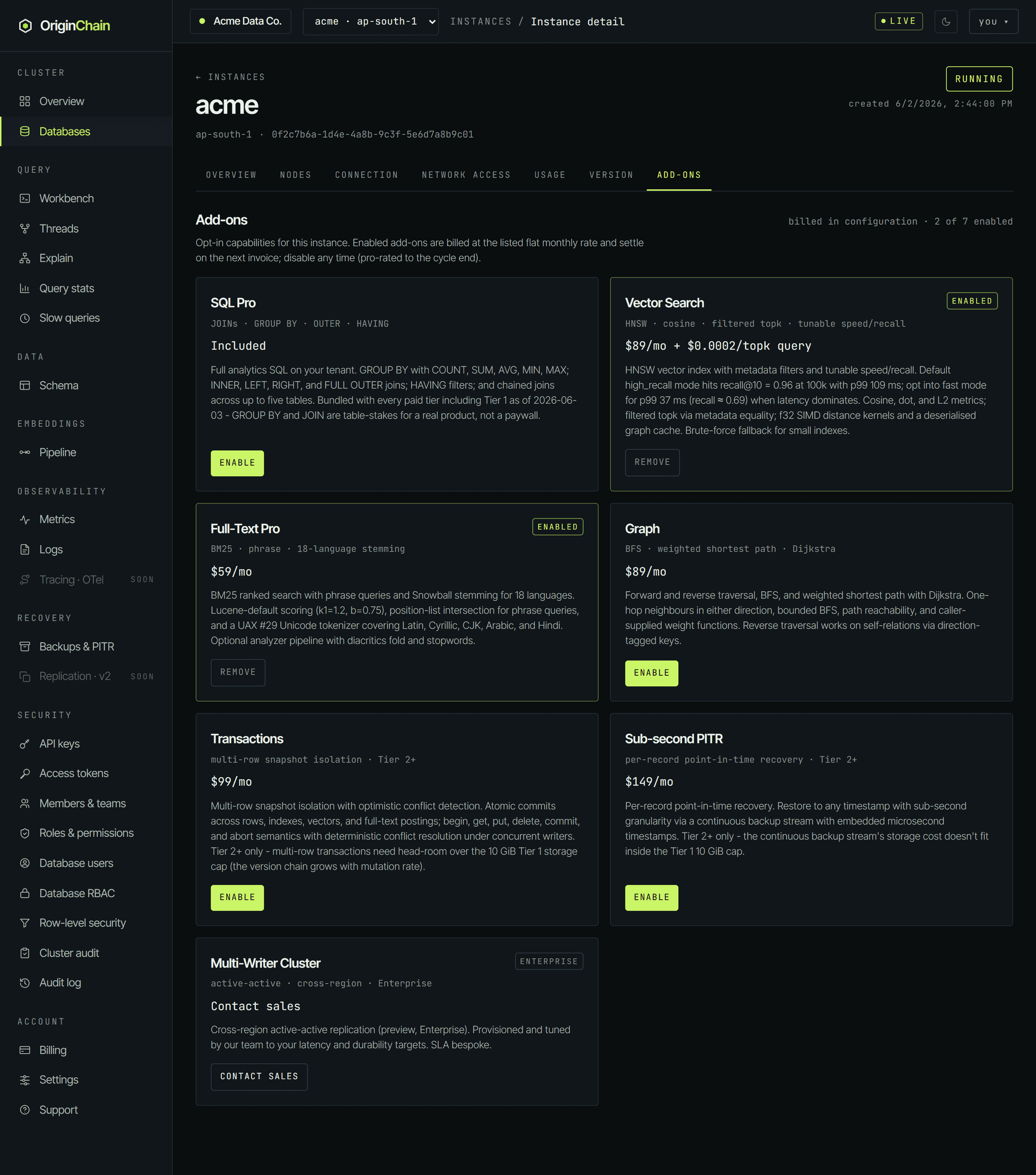 The Add-ons tab showing a grid of capability cards - SQL Pro, Vector Search, Full-Text Pro, Graph, Transactions, point-in-time recovery and a multi-writer cluster - with ENABLED badges on two of them and a header reading billed in configuration.