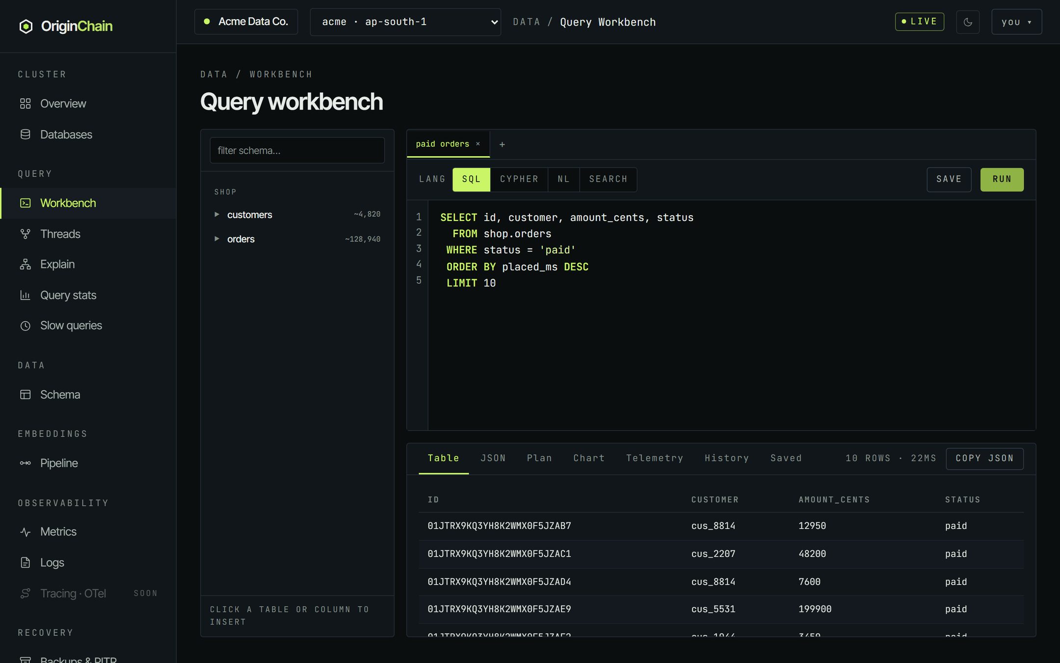 The OriginChainDB query workbench with the LANG switcher set to SQL, a SELECT over shop.orders filtered on status paid in the editor, and the Table tab below showing ten rows with id, customer, amount_cents and status columns.