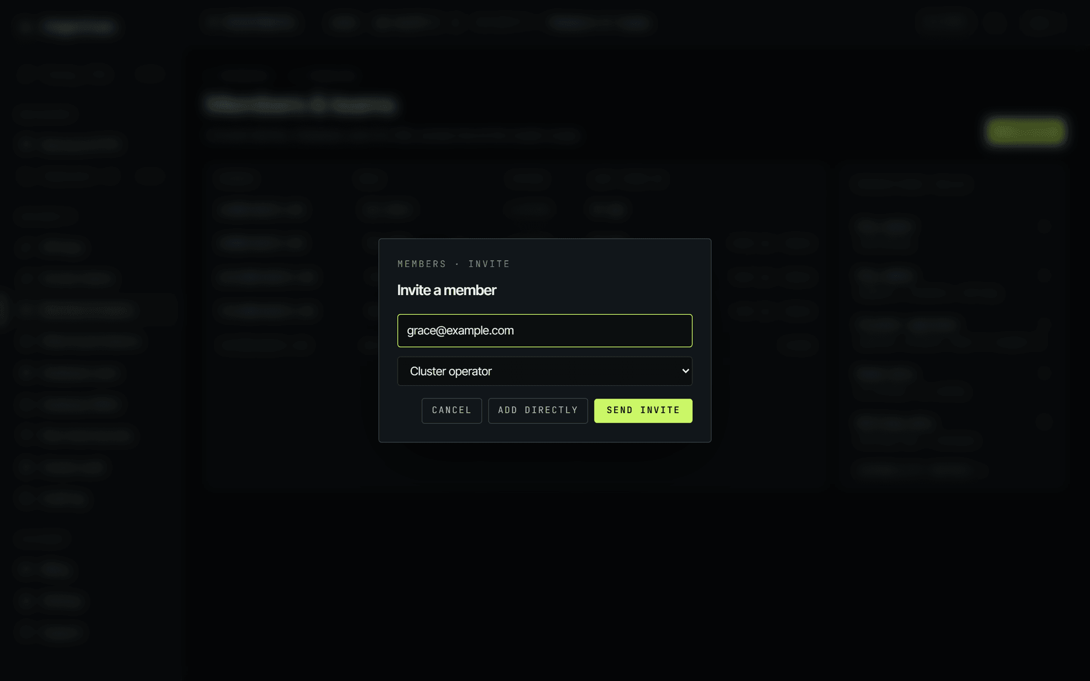 The Invite a member dialog with the email field filled in as grace@example.com and the role dropdown set to Cluster operator, above Cancel, Add directly and Send invite buttons.