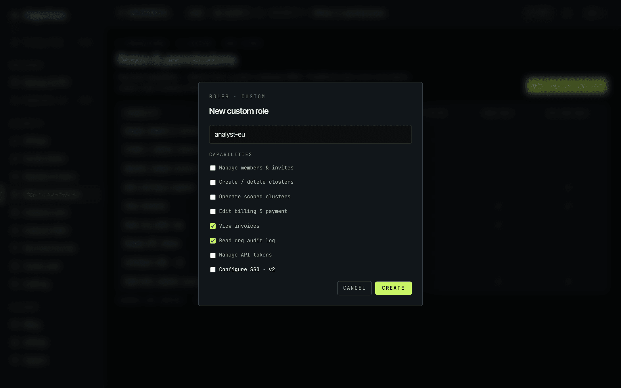 The New custom role dialog with the name field set to analyst-eu and a scrollable capability checklist. View invoices and Read org audit log are ticked; Manage members and invites, Create or delete clusters, Operate scoped clusters, Edit billing and payment, Manage API tokens and Configure SSO are unticked.