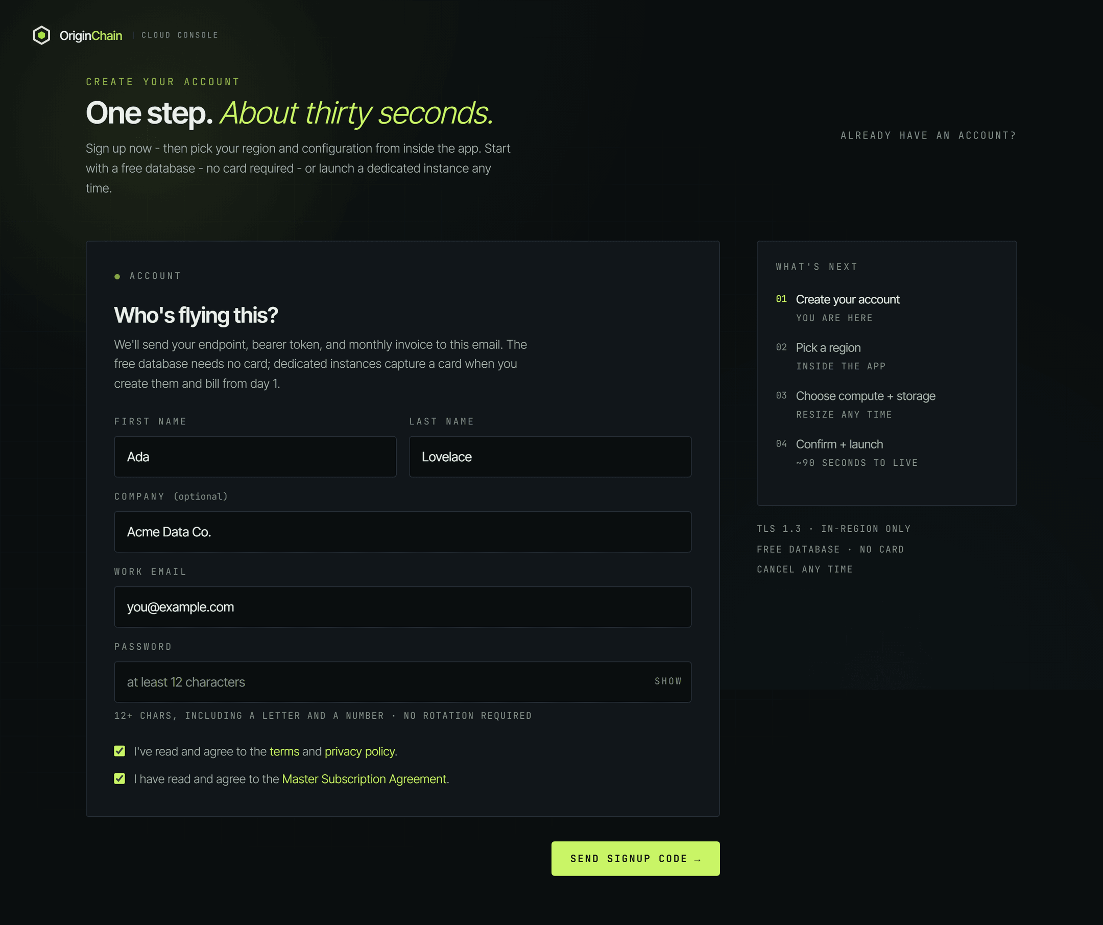 The OriginChainDB signup form filled in with example details - first and last name, company, and work email - with both agreement checkboxes ticked and the Send signup code button below them.