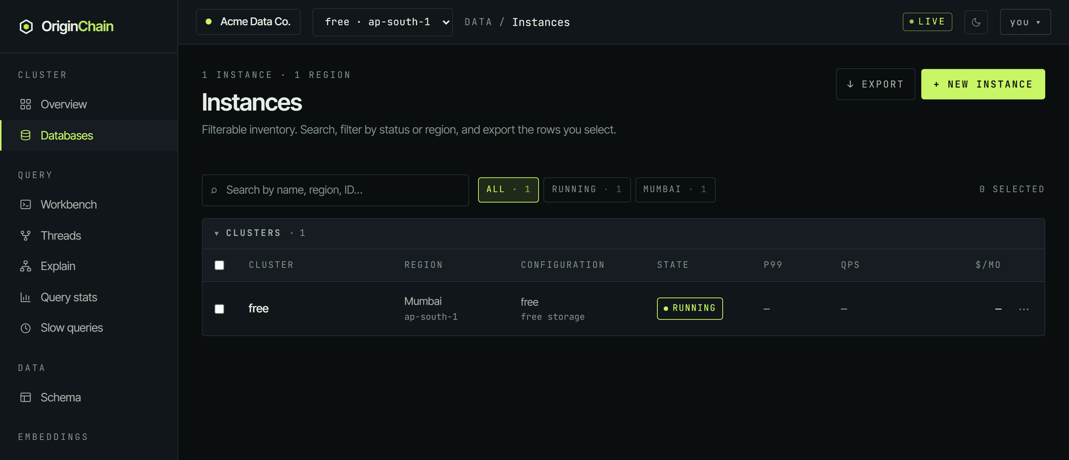 The console Databases list with one row: a database named free in the Mumbai region on the free configuration, with a green RUNNING badge in the State column.