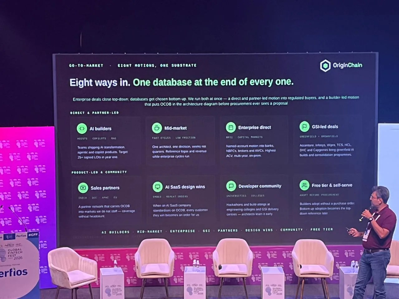 The speaker presenting a slide listing the ways teams adopt the database, from individual builders to enterprise programmes.