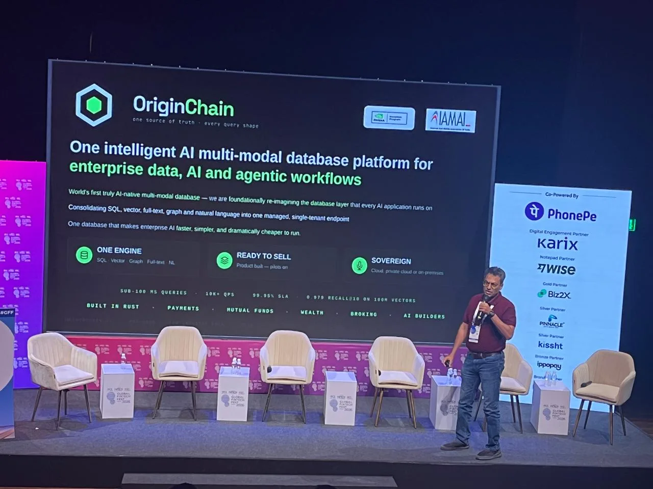 Zaheer Kazi speaking on the Global Fintech Fest main stage, with the OriginChainDB opening slide on the screen behind him.
